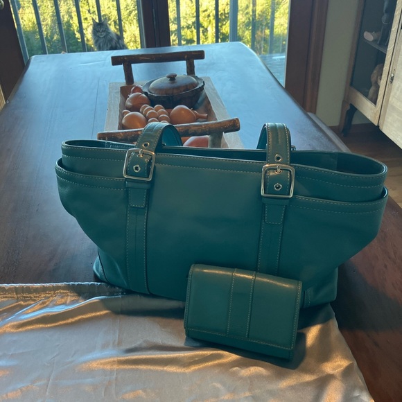 Handbags - COACH ZIP UP TOTE AND WALLET TEAL COLOR IN GOOD PRE LOVED CONDITION